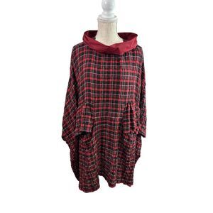 Kedem Sasson Top One Size Red Plaid Pockets Oversized Art to Wear